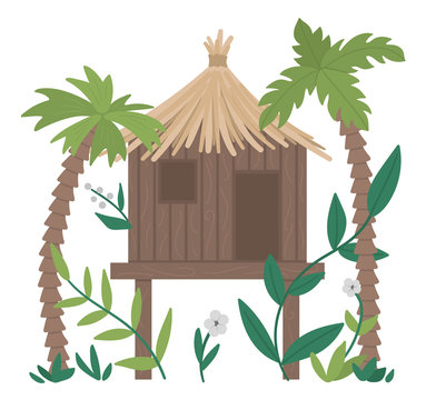 recommend clip art: Vector illustration of jungle hoot with palm trees and leaves isolated on white background. Tropical bungalow on stilts picture. Cute funny exotic house in rainforest..