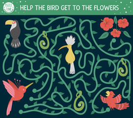 Tropical maze for children. Preschool exotic activity. Funny jungle puzzle with cute parrot, hoopoe and toucan. Help the bird get to the flowers. Simple summer game for kids.