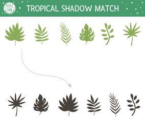 Fototapeta na wymiar Tropical shadow matching activity for children. Preschool jungle puzzle. Cute exotic educational riddle. Find the correct tropic leaf silhouette printable worksheet. Simple summer game for kids.