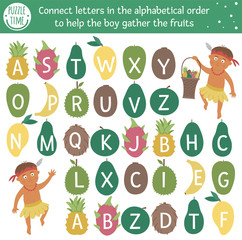 Tropical ABC game with cute characters. Exotic alphabet maze activity for preschool children. Choose letters from A to Z to help the boy gather fruits. Simple summer game for kids.