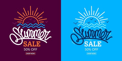 Hand Written Word Summer Sale Vector Background Illustration. The Design Of The Banner With A Discount With Sun And Waves. Typography Illustration As Logotype