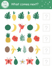 What comes next. Tropical matching activity for preschool children with tropic symbols. Funny exotic puzzle for kids. Logical quiz worksheet. Continue the row. Simple summer game for kids.