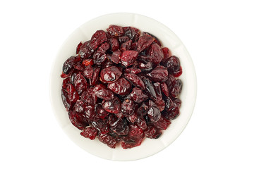 Bowl of dried cranberries on white
