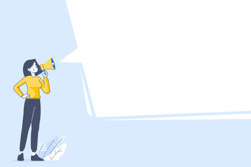 Message and announcement concept. Businesswoman or female employee holding megaphone and announces her message. Big blank speech bubble on background, vector illustration