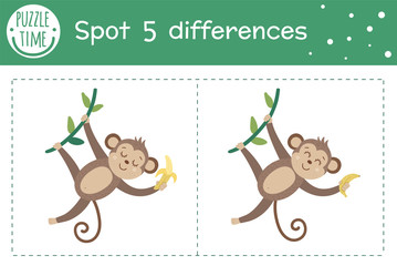 Tropical find differences game for children. Summer tropic preschool activity with monkey hanging on liana and holding banana. Puzzle with cute funny smiling characters..