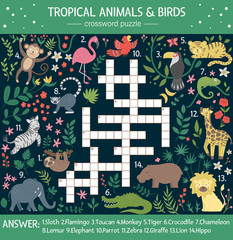 Vector summer crossword puzzle for kids. Quiz with tropical animals and birds for children. Educational jungle activity with cute funny characters.