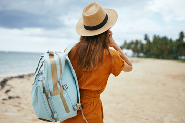 Woman tourist backpack vacation walk destination tropics