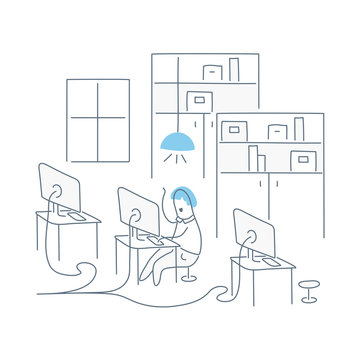 Workaholic sitting lonely in the empty office and working with computer late at night. Hard worker manager or developer. Flat line workaholic icon concept on white.