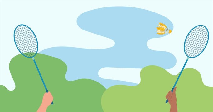 Animation badminton game with shuttlecock. Rackets in hands of players. Sports games, leisure, fitness