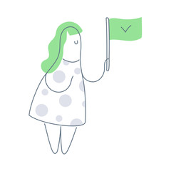 Checkpoint, right choice, approved direction or finished tasks concept. Girl holding green flag with tick in her hand. Flat line vector icon illustration on white background.