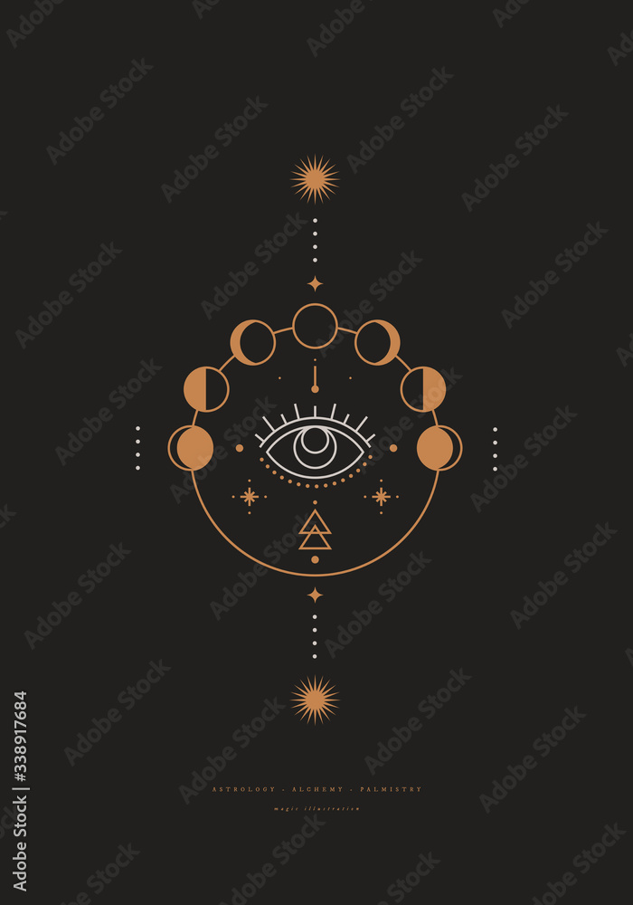 Poster mystical composition with the eye, phases of the moon on a dark background. boho style and esoterics