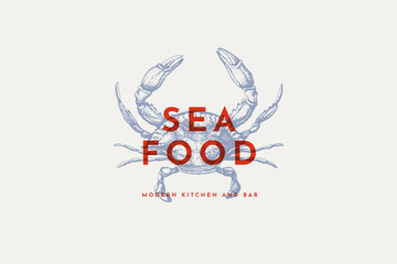 Logo template with an image of a crab drawn by graphic lines on a light background. Retro emblem for the menu of fish restaurants, markets and shops. Vector vintage engraving illustration. - obrazy, fototapety, plakaty