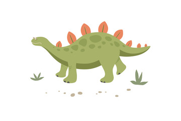 Funny green stegosaurus walks in the grass. Cute dinosaur isolated on a white background. Funny prehistoric animal of the Jurassic period. Colorful cartoon vector illustration in flat style.
