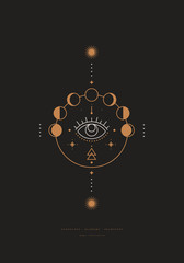 Mystical composition with the eye, phases of the moon on a dark background. Boho style and esoterics. Ethnic magic and astrological symbols. Vector illustration.