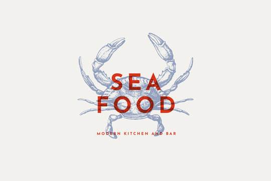 Logo template with an image of a crab drawn by graphic lines on a light background. Retro emblem for the menu of fish restaurants, markets and shops. Vector vintage engraving illustration.