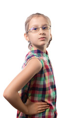 Little cute girl in glasses posing on a white background