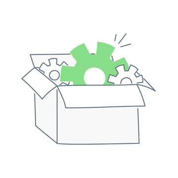 Cogwheels In The Open Box. Toolbox, Settings Gear, Packaging Box, Ready Solution, Spare Parts, Website Template Concept. Flat Line Clean Vector Icon Illustration On White.