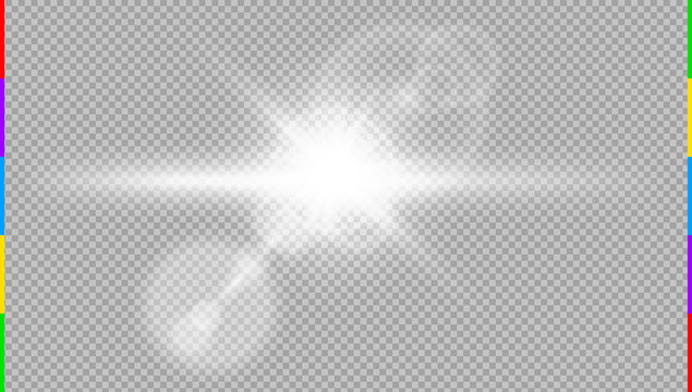 Vector transparent sunlight special lens flare light effect. Sun rays and spotlight. Abstract front sun translucent design. Blur glow glare. Isolated semitransparent background. Horizontal star burst