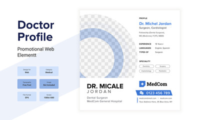 Medical Healthcare Doctor profile social media web design layout with a blue color scheme.  Doctor profile web post design layout with a graphical element.