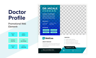 Colorful Medical Doctor Profile Layout with Service Details and doctor details. Doctor profile web post design layout.