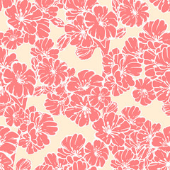 Hand drawn seamless pattern vector of pink spring sakura, flowers, blooming tree branches, floral elements. Doodle sketch illustration for design cards, invitations, wallpaper, wrapping paper, fabric