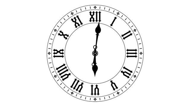 Round clock loop motion from noon to midnight. Roman numerals on flat black clock face. Animated 4k video
