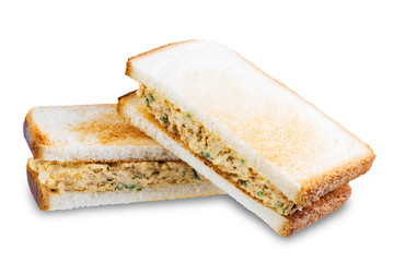 Canned Tuna salad sandwiches on a white isolated background
