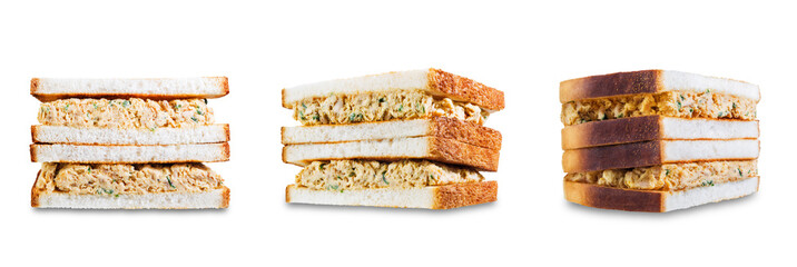 Canned Tuna salad sandwiches on a white isolated background