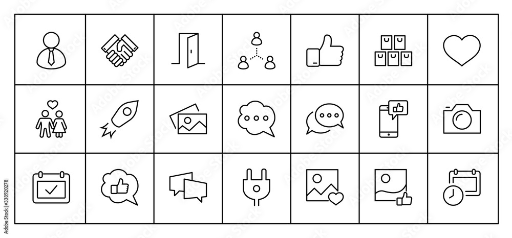 Poster set of social networks related vector line icons. contains such icons as profile page, rating, socia