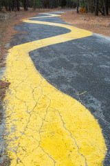 Yellow brick road, painted path on black asphalt through deserted pine forest
