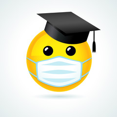 Emoji smile in academic cap & medical guard mouth mask. Yellow smiling emoticon wearing a white surgical mask. Vector joy icon