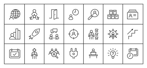 Set of Head Hunting Related Vector Line Icons. Contains such Icons as Career growth, Bulb, Candidate, Search, CV, Card Index, Outsource and more. Editable Stroke. 32x32 Pixels
