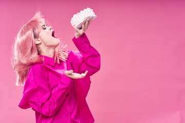 Glamorous woman pink hair cake enjoyment sweets