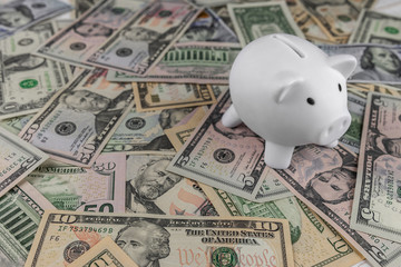 Close-up white piggy bank against dollar cash background. Concept of finance and growing saving wealth with copy space