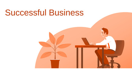A business man in a tie sits at a table and works on a laptop. Place for text. Vector illustration in cartoon style.