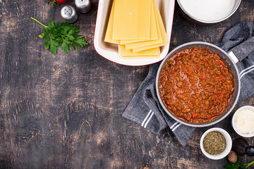 Ingredients for cooking lasagna Bolognese