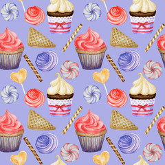 Watercolor Seamless pattern. Red Blue Sweet deserts with Cream and biscuit, waffle, cake, cupcake, berries. Hand drawn delicious food illustration on blue background. Fabric texture design concept.