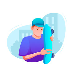 Sports banner flat design isolated. Young man in cap with skateboard in city street. Active entertainment and extreme sports. Modern vector illustration.
