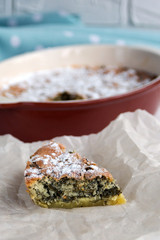 A piece of sweet homemade sorrel pie cake. Original simple sweet pastries. Dessert.