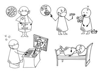 Medical set with people icons. Doodle  vector Illustration. COVID-19 theme.