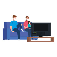 campaign stay at home with family using face mask watching tv vector illustration design