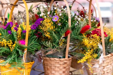 Fototapeta na wymiar Beautiful colorful spring flowers in a wicker yellow baskets. Copy space for greeting postcard