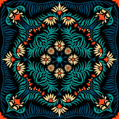 Bandana print. Women's shawl with floral pattern. Mediterranean wallpaper. Portuguese tile azulejo. Turkish ornament. Spanish porcelain. Ceramic dishes. 