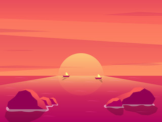 Fototapeta na wymiar landscape background. Evening or morning view Cartoon vector illustration. Sunset or sunrise in ocean, nature pink clouds flying in sky to shining sun above sea with rocks sticking up of water surface