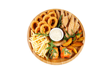 beer plate fried ribs onion rings french fries fish nuggets on a wooden plate on a white background1