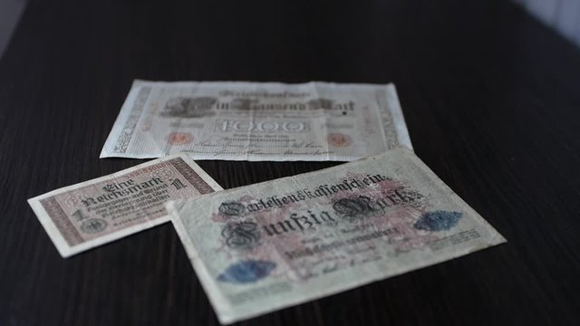Сlose-up vintage banknotes of German money from the First World War. Old money