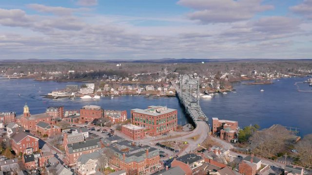 Drone Shot Over Portsmouth New Hampshire And Kittery Maine Border Bridge