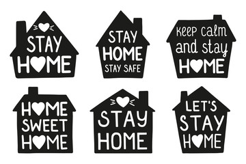 Collection houses with heart and  lettering. Isolated on white background. Vector illustration.