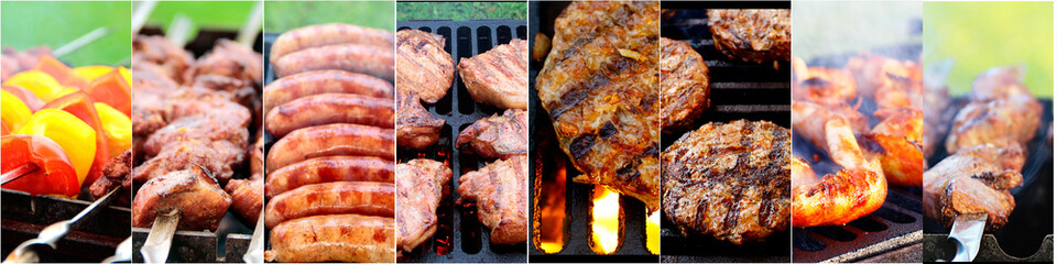 horizontal collage with grilled meat.