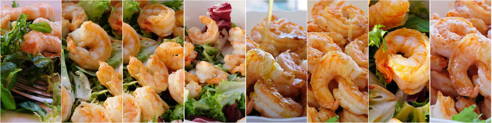 horizontal collage with shrimp and green salad.